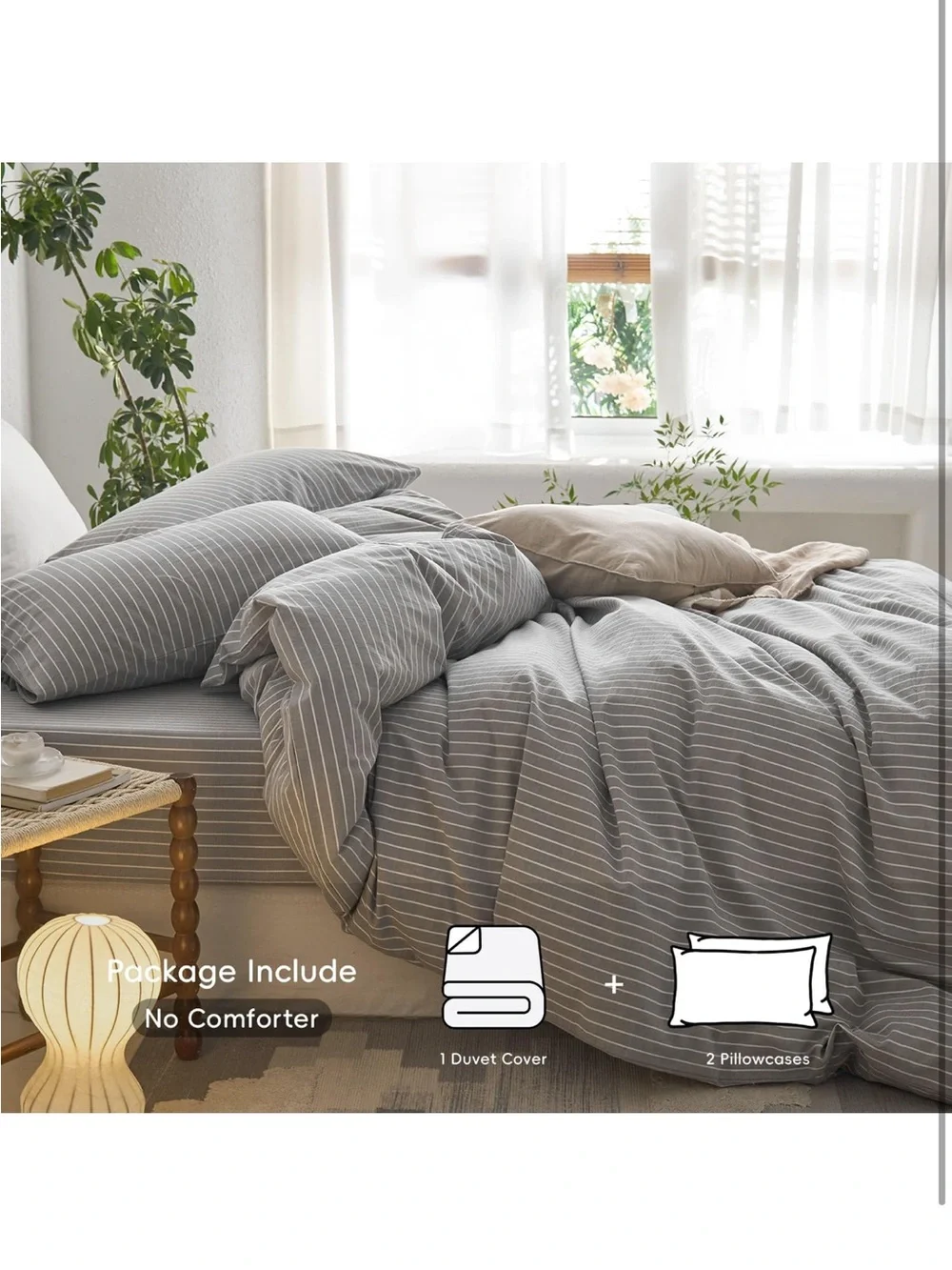 NEW MooMee Striped Duvet Cover Set 100% Washed Cotton Linen Like Texture. Grey